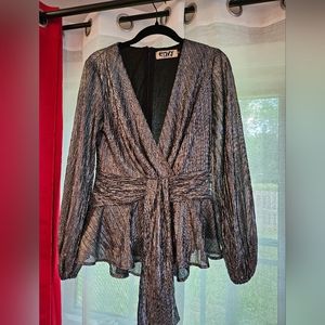 Medium shiny silver dress shirt with peplum and zipper back